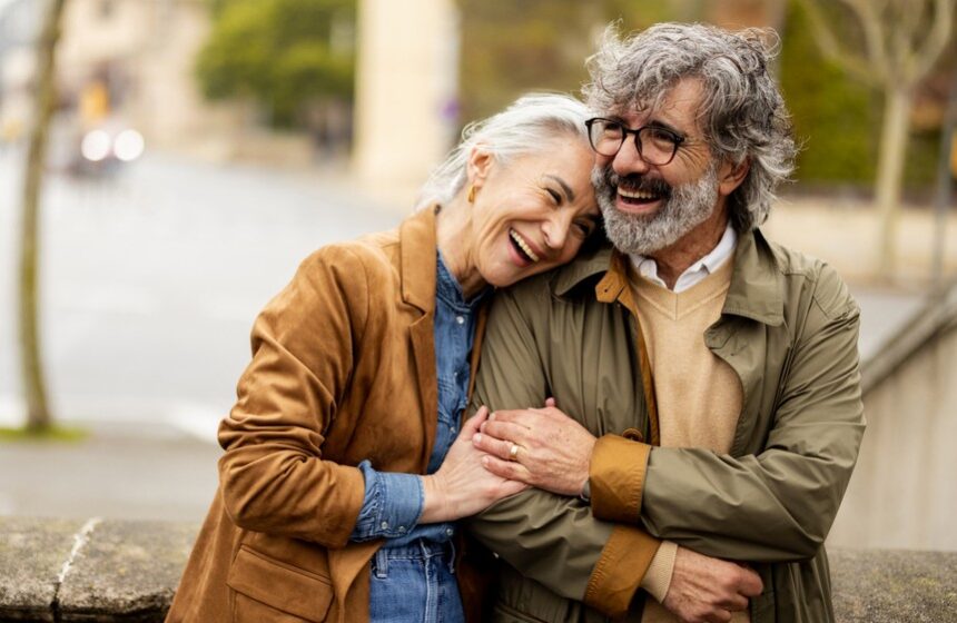 Woman and man embrace
