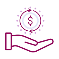 Line illustration of hand with palm up, and two arrows in a circle with a dollar sign in the center