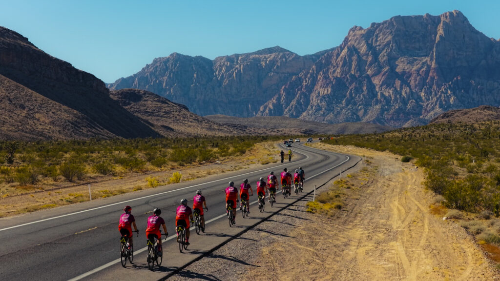 Cyclists participate in the 2025 MMRF Road to Victories ride through California's Death Valley