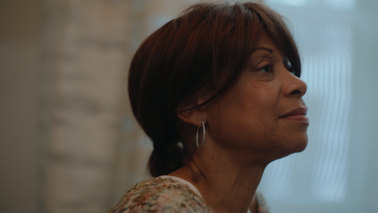 Myeloma patient Gail looks to her right